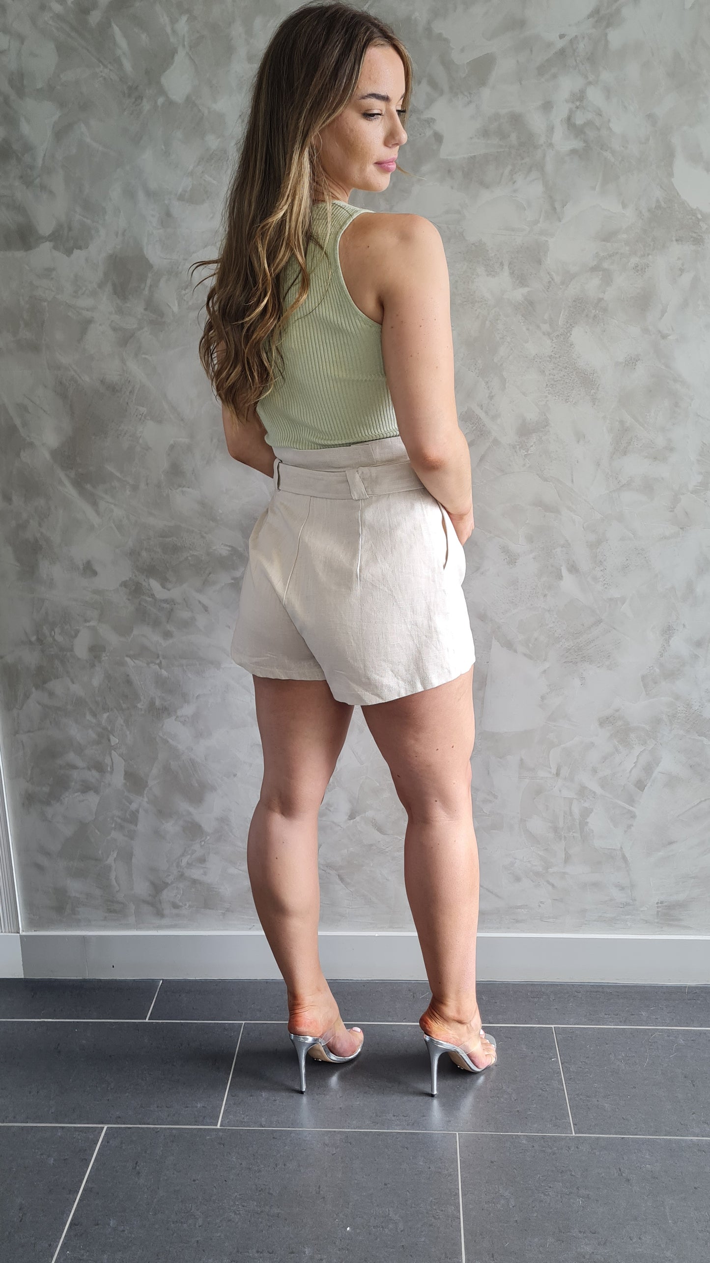 Eliza High Waisted Paper Bag Shorts with Circle Buckle Detail