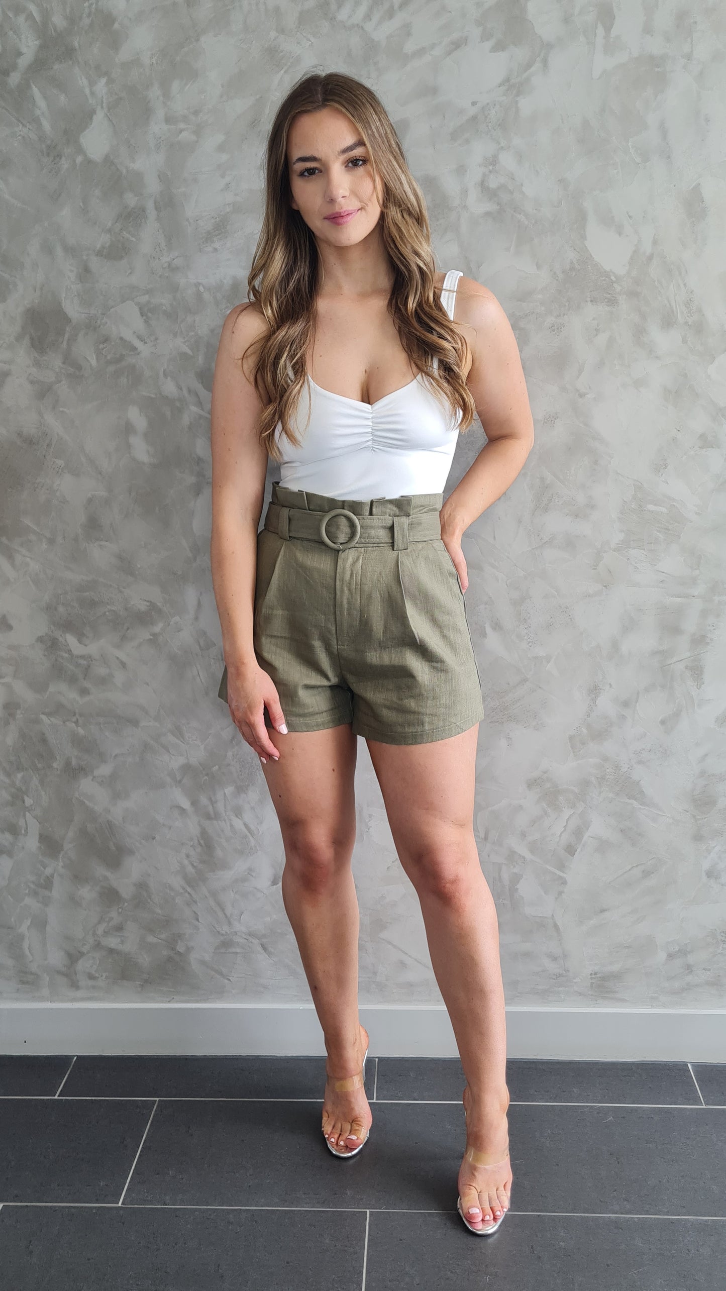 Eliza High Waisted Paper Bag Shorts with Circle Buckle Detail